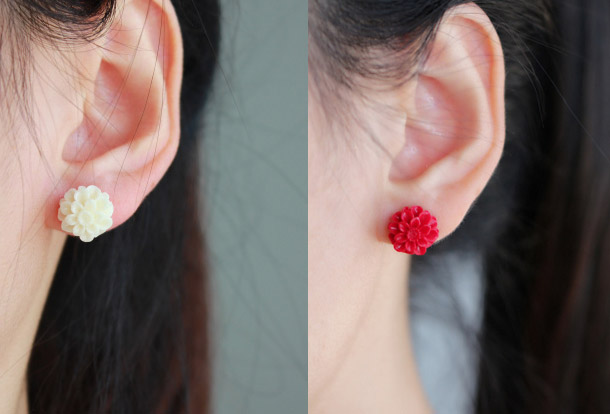 Creamy-white Red Flower 925 Sterling Silver Earrings Cute Elegant Ear Stud Ear Nail